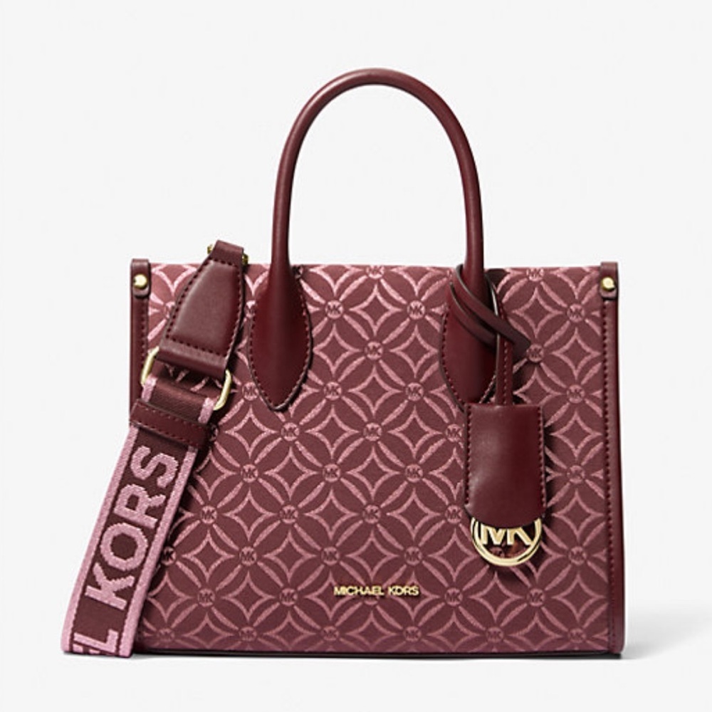 Michael Kors Mirella Small Metallic Logo Jacquard Crossbody Bag Oxblood Multi
